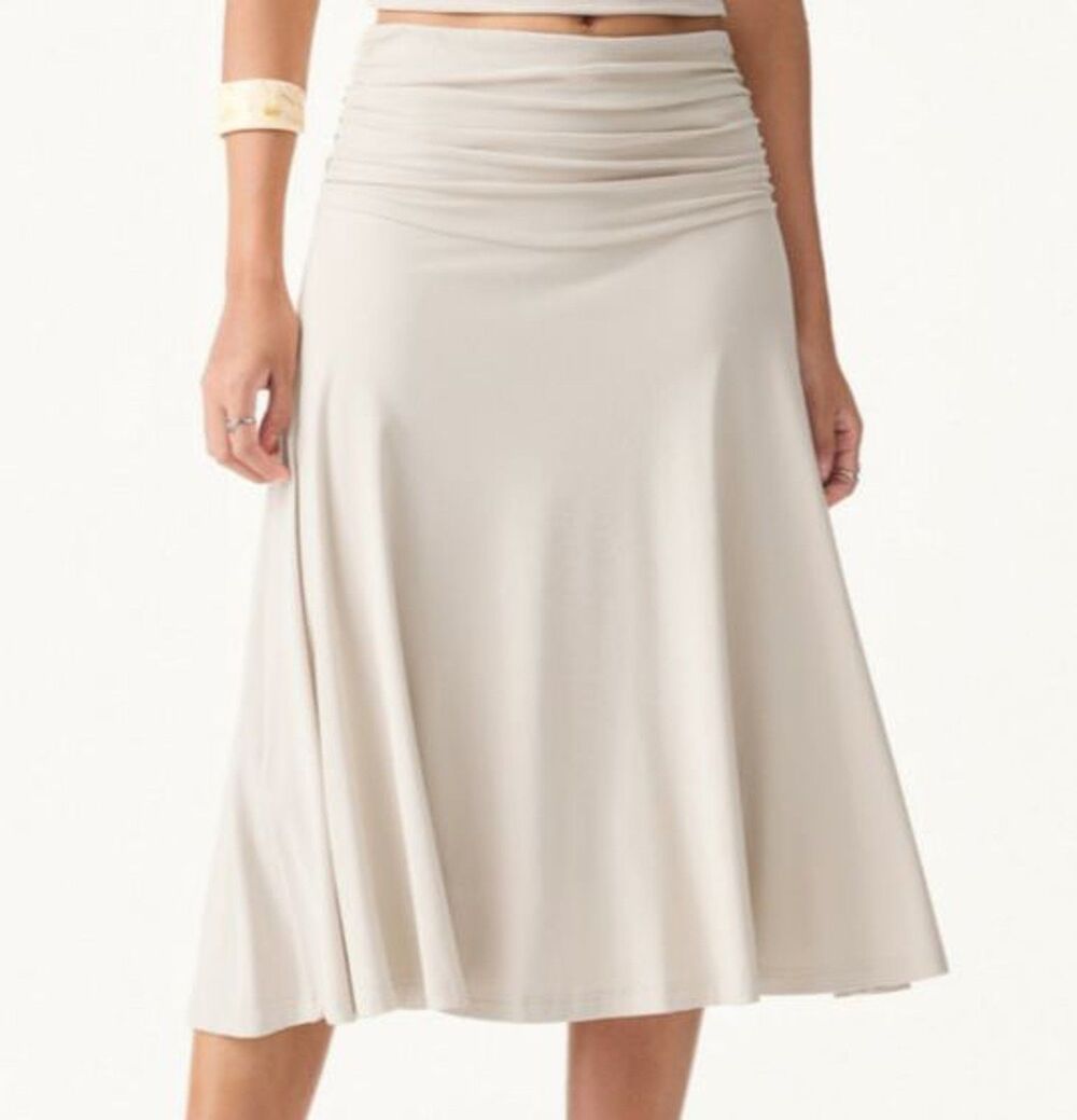 OGL Eco-SkinKiss Soft Stretchy Flowy Side Ruched A-line Midi Skirt Fog Size M